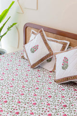 Serene Garden Hand Block Print Premium Cotton Bedsheet with 2 Pillow Covers & 2 Cushion Covers