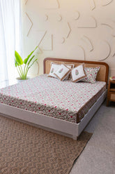 Serene Garden Hand Block Print Premium Cotton Bedsheet with 2 Pillow Covers & 2 Cushion Covers