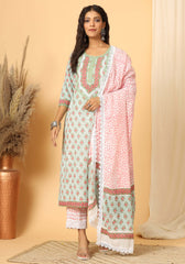 Zeenat - Hand Block Print Cotton Suit Set With Pure Mulmul Cotton Dupatta