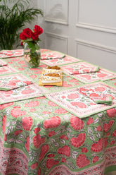 Whispering Meadows hand block print premium cotton table cover + placemat napkin set