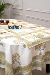 Serene Garden hand block print premium cotton table cover + placemat napkin set
