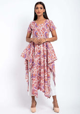 Pansy Floral Asymmetrical Hem Line Hand Block Print Cotton kurti