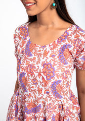 Pansy Floral Asymmetrical Hem Line Hand Block Print Cotton kurti