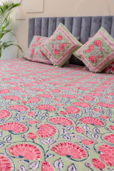 Whispering Meadows Hand Block Print Premium Cotton Bedsheet with 2 Pillow Covers & 2 Cushion Covers