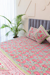 Whispering Meadows Hand Block Print Premium Cotton Bedsheet with 2 Pillow Covers & 2 Cushion Covers