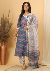 Leela - Hand Block Print Cotton Suit Set With Pure Kota Doria Dupatta