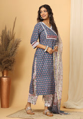 Leela - Hand Block Print Cotton Suit Set With Pure Kota Doria Dupatta