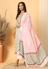 Zeenat - Hand Block Print Cotton Suit Set With Pure Mulmul Cotton Dupatta