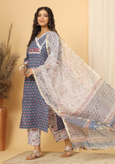 Leela - Hand Block Print Cotton Suit Set With Pure Kota Doria Dupatta