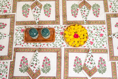 Serene Garden hand block print premium cotton table cover + placemat napkin set