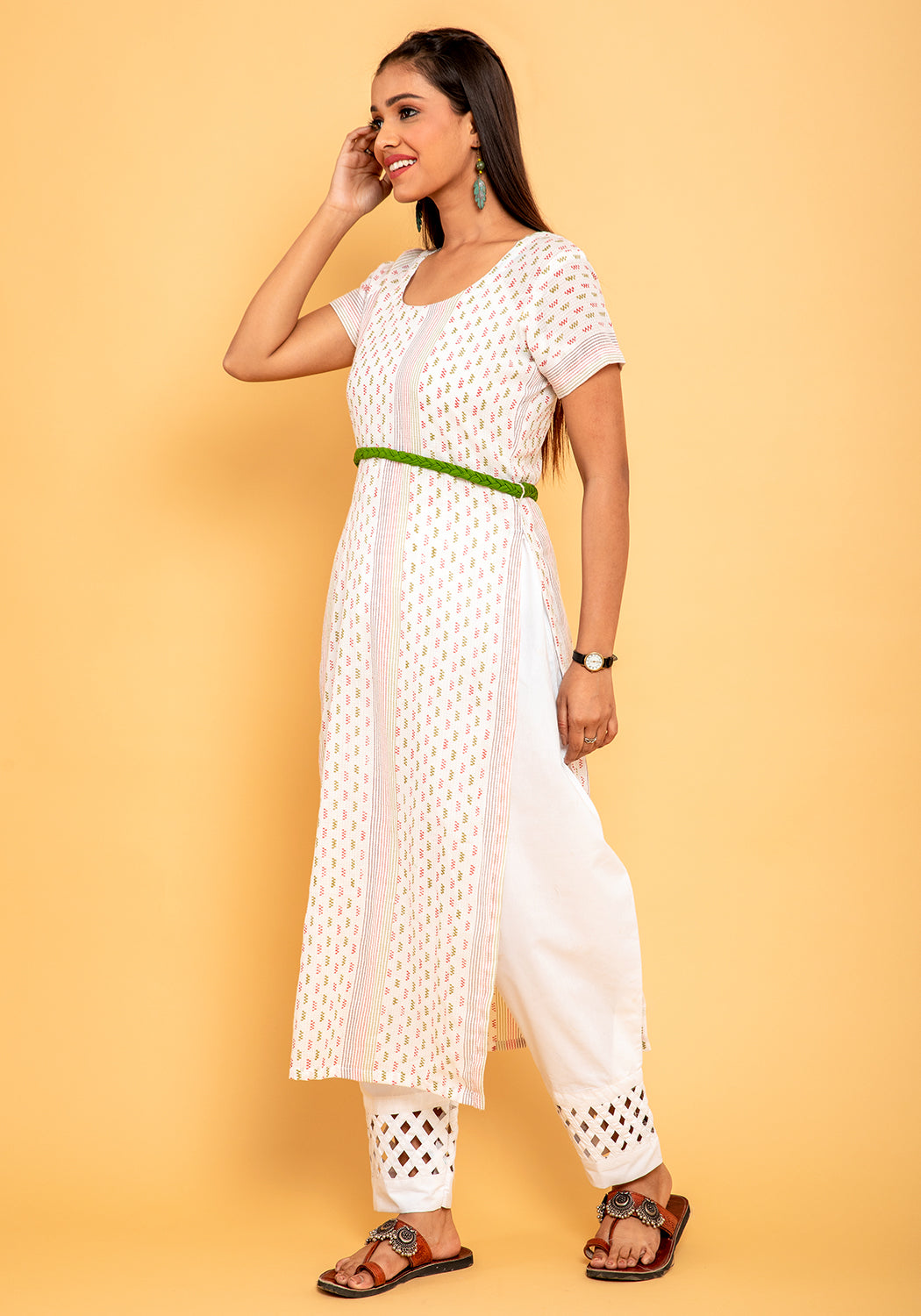 Hollyhock High Slit Cotton Kurti With Waist Belt