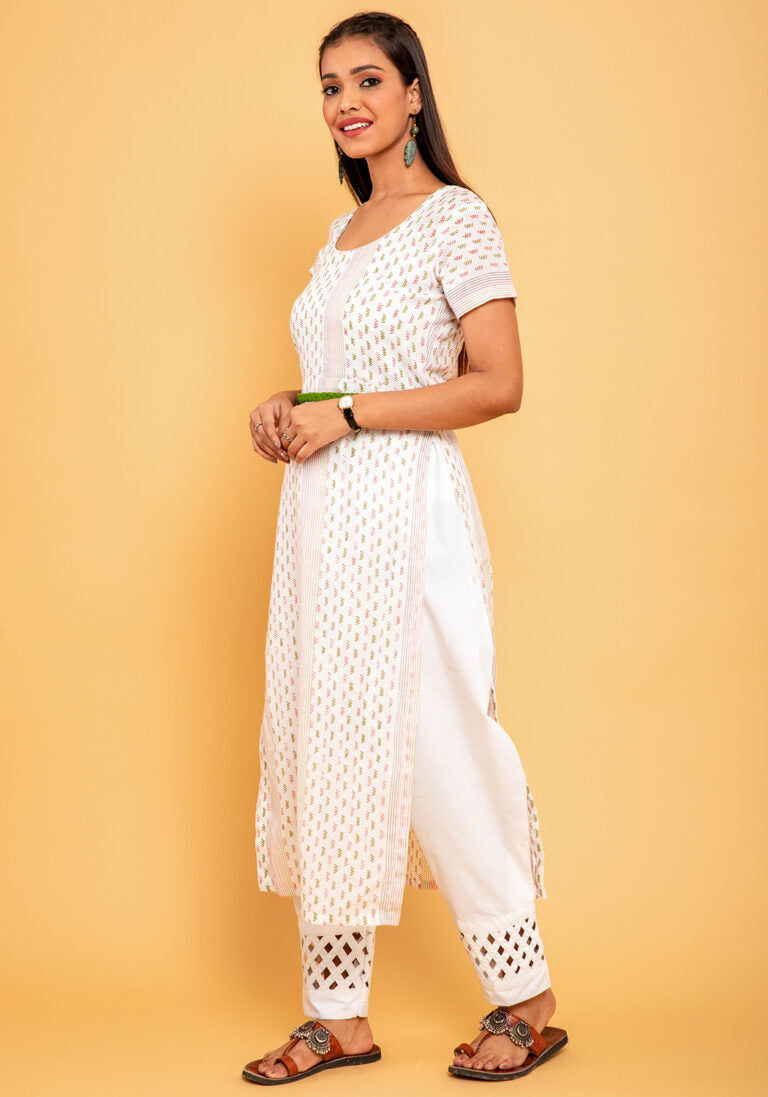 Hollyhock High Slit Cotton Kurti With Waist Belt