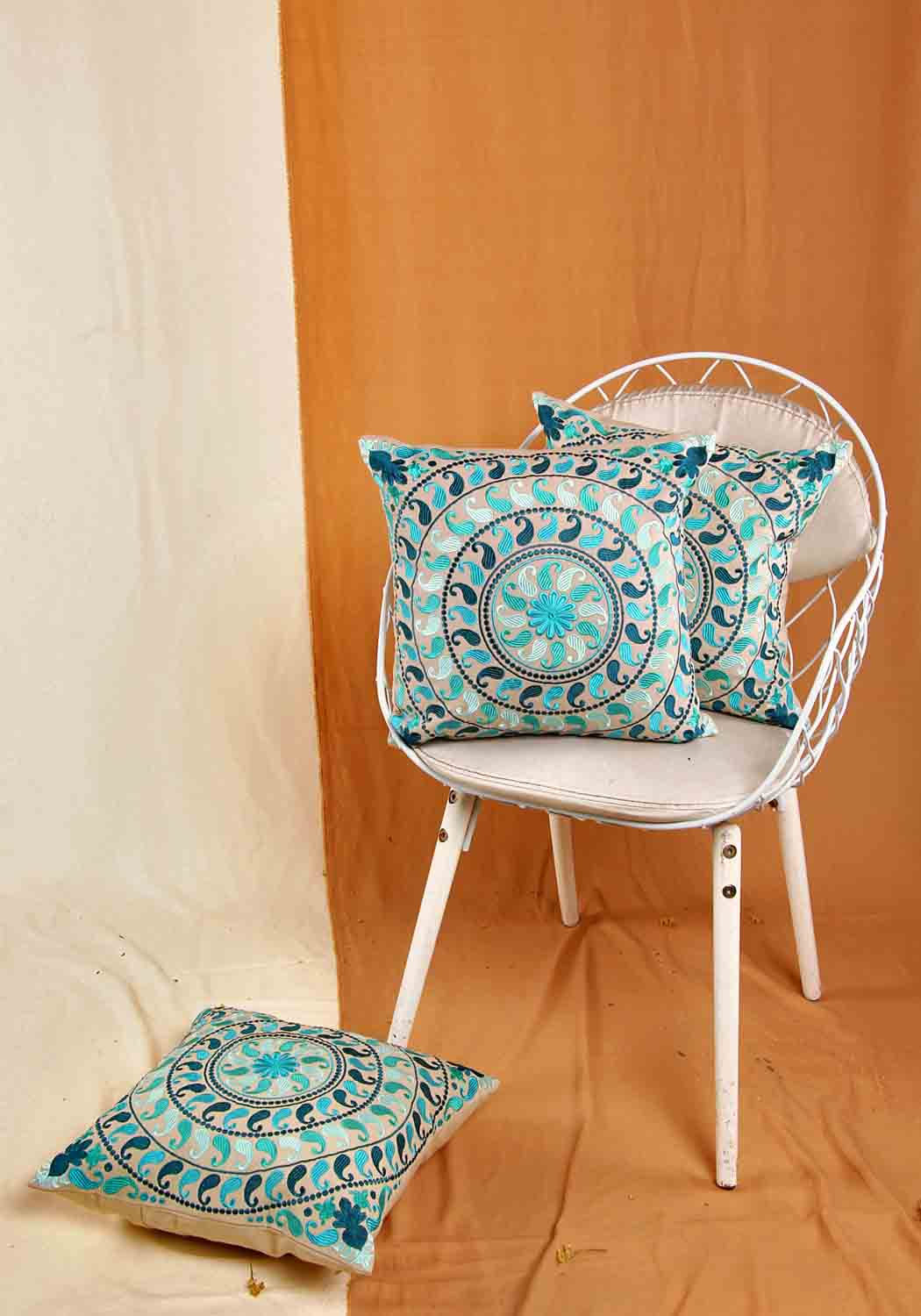 Aqua Paisley Embroidered Cushion Cover