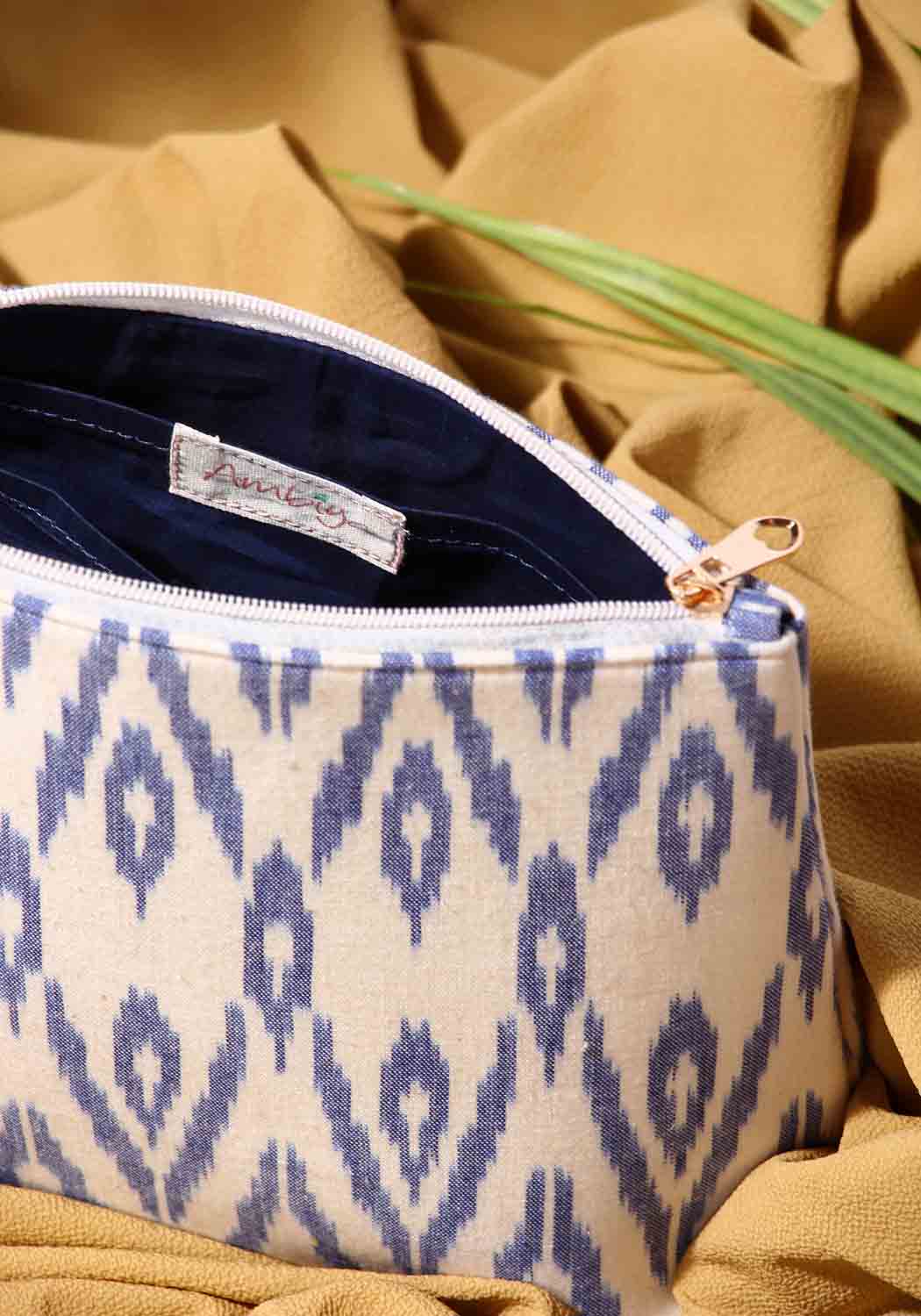 Blue Ikat Fabric Travel Pouch